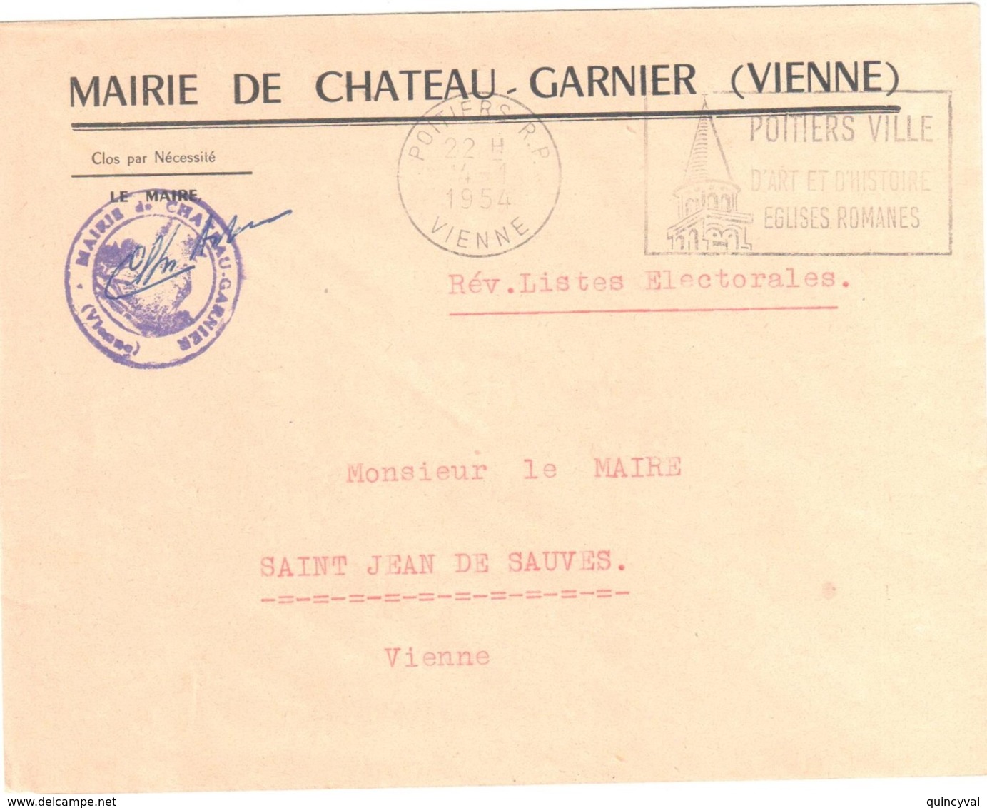 CHÂTEAU GARNIER Vienne Lettre Entête Mairie Ob Flamme Poitiers  REVISION LISTES ELECTORALES Ob 1954 Signée - Cartas Civiles En Franquicia