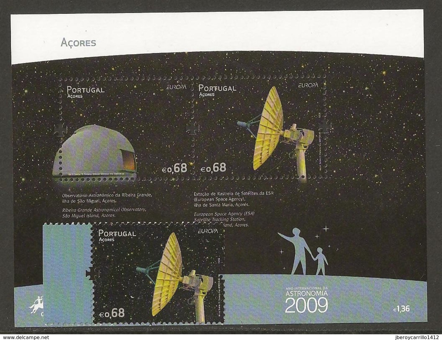 AZORES - AÇORES  - EUROPA 2009  - TEMA  "ASTRONOMIA" -  SERIE + HOJITA BLOQUE . C/u.  - DENTADAS - 2009