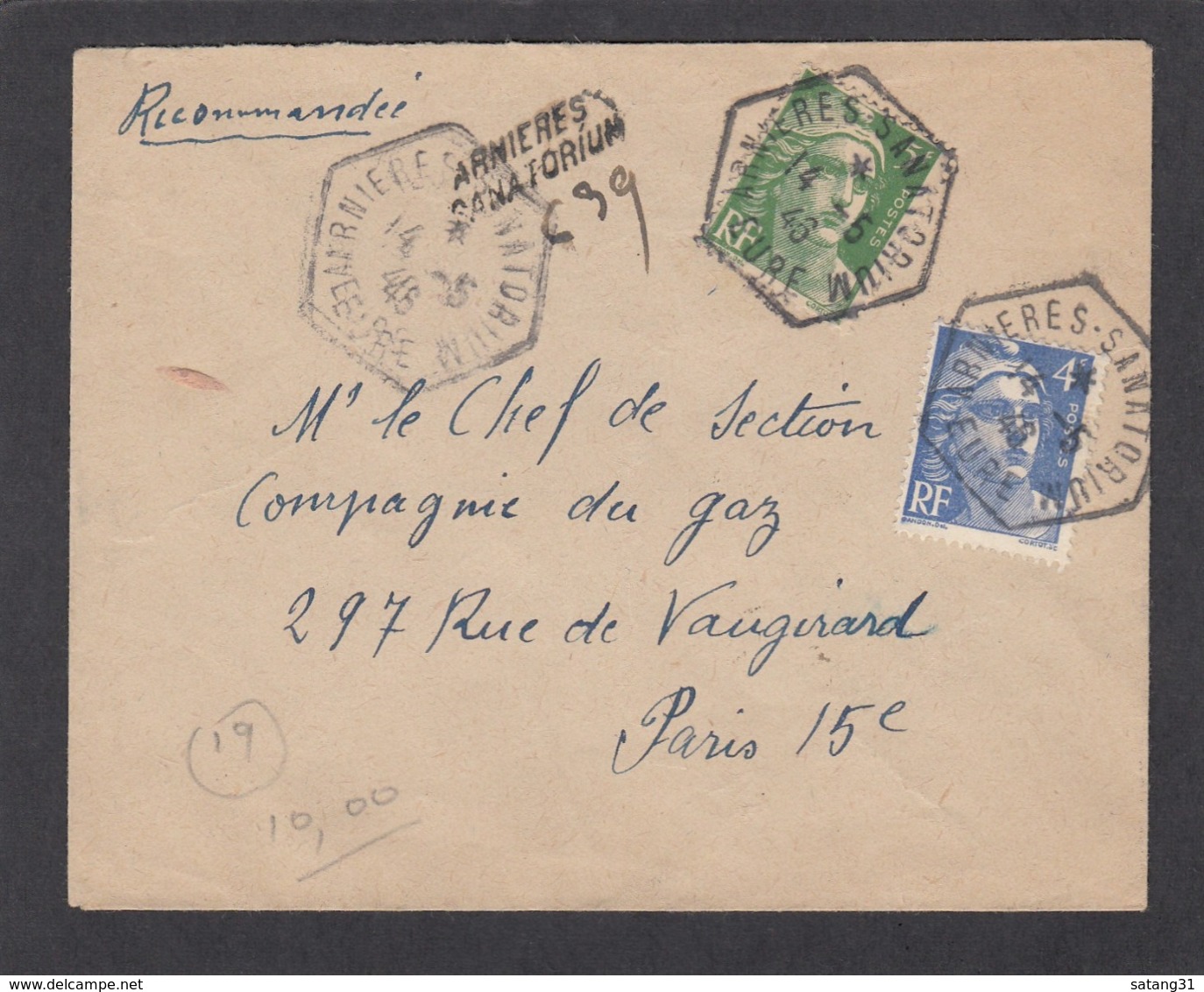 LETTRE RECOMMANDÉE DE "ARNIERES SANATORIUM" AVEC CACHET DE FORTUNE POUR PARIS,1945. - Briefe U. Dokumente