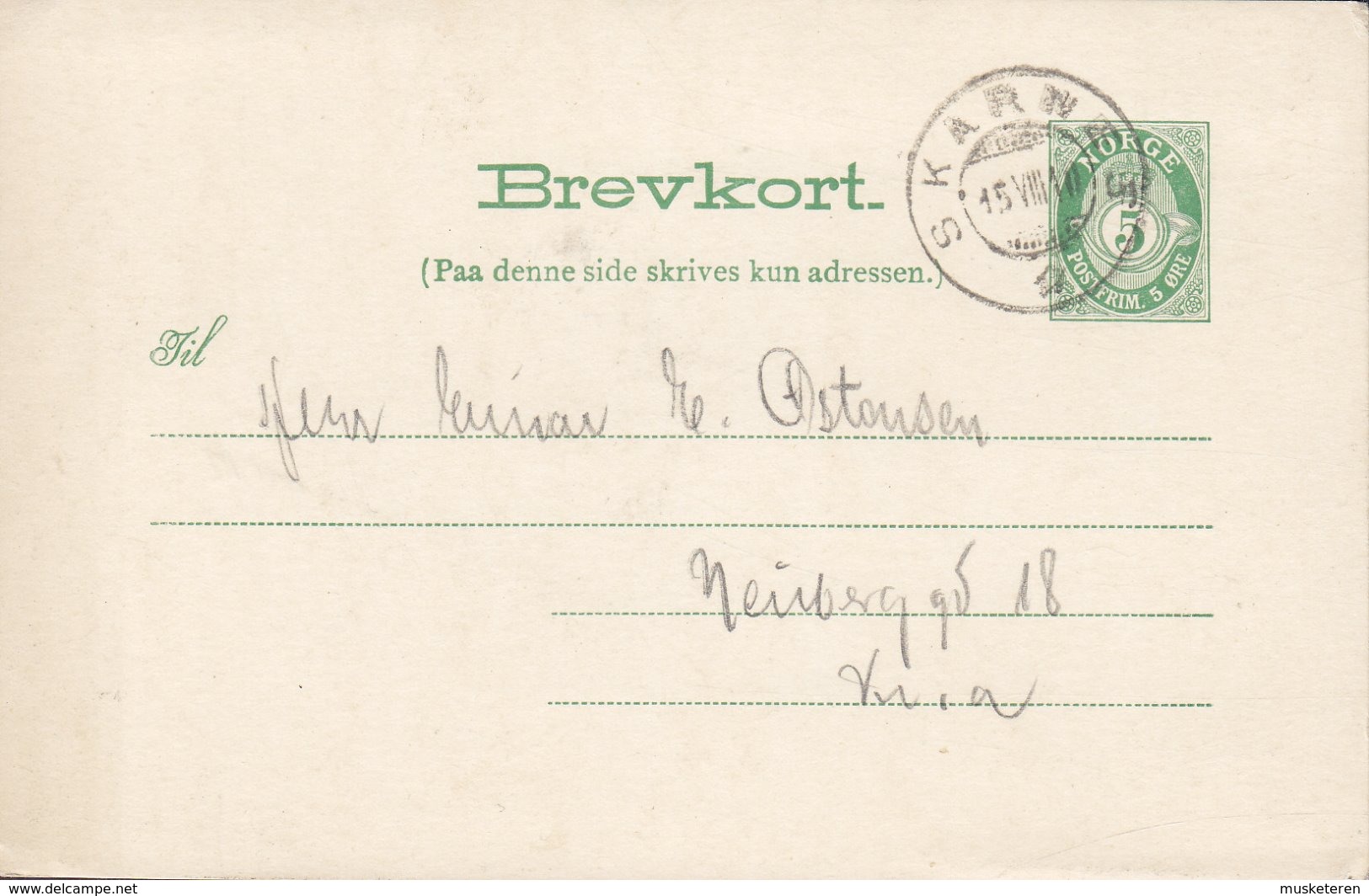 Norway Postal Stationery Ganzsache Entier 5 Øre Posthorn SKARNES Sør-Odal I Hedmark 1910 (2 Scans) - Entiers Postaux