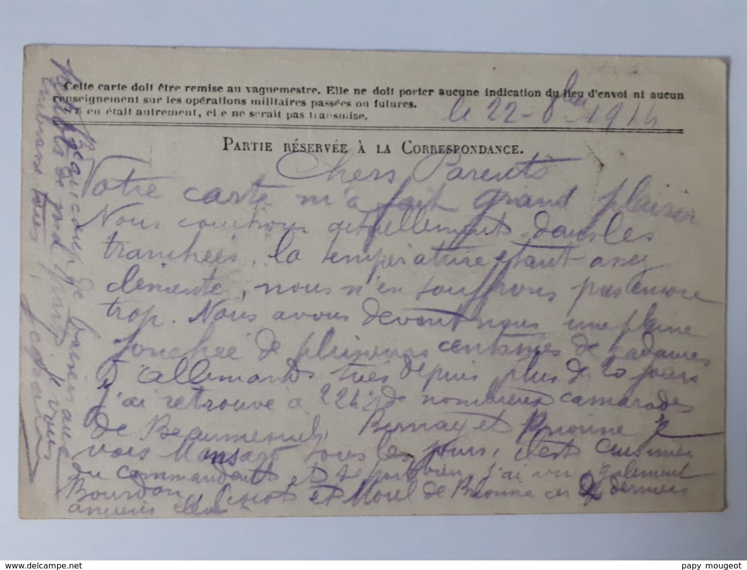 Correspondance Des Armées De La République 22-10-1914 - Guerre De 1914-18