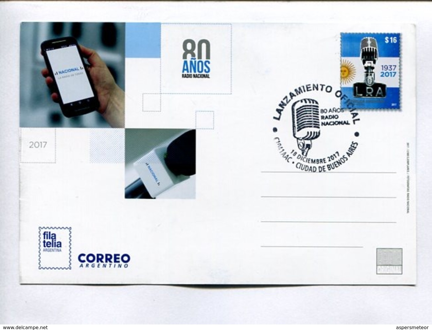 NACIONAL, LA RADIO DE TODOS, OCHENTA AÑOS. ARGENTINA 2017 FDC ENTIER ENTERO -LILHU - Interi Postali