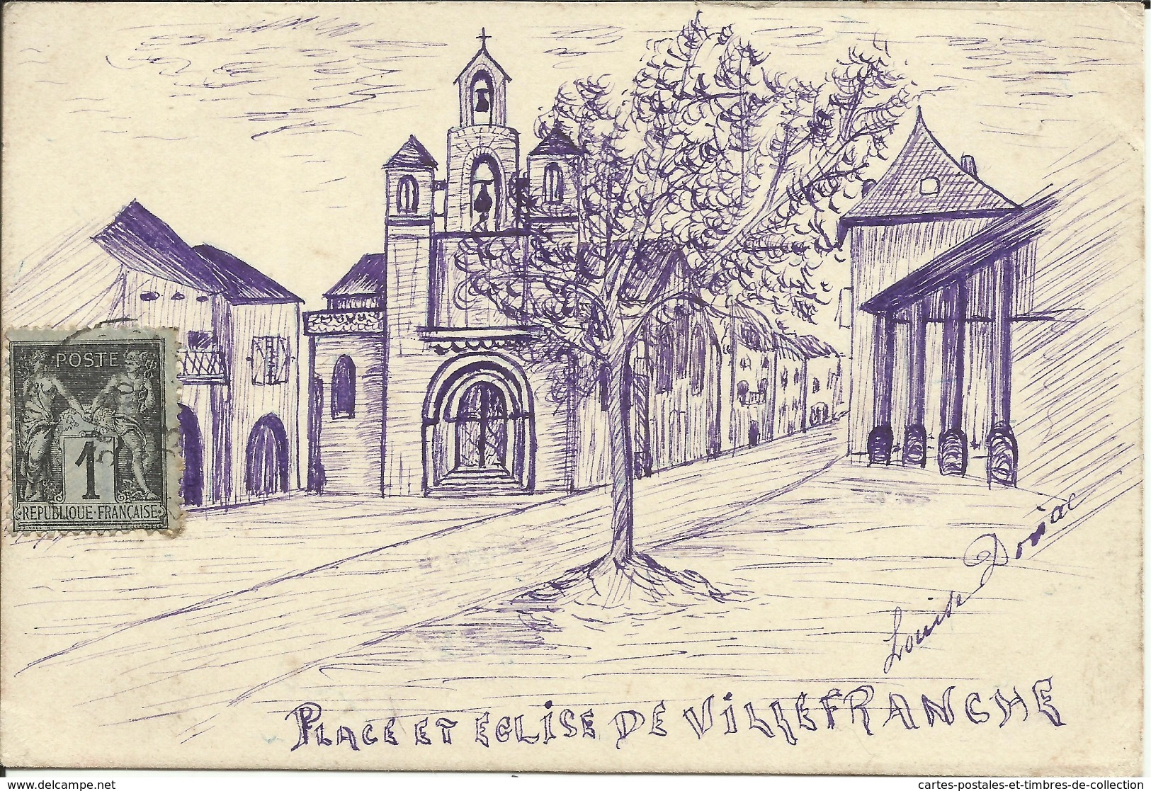 RARE ... Place Et Eglise De VILLEFRANCHE DU PERIGORD , Dessin Signé: Louise DORIAC , 1903 - Other & Unclassified