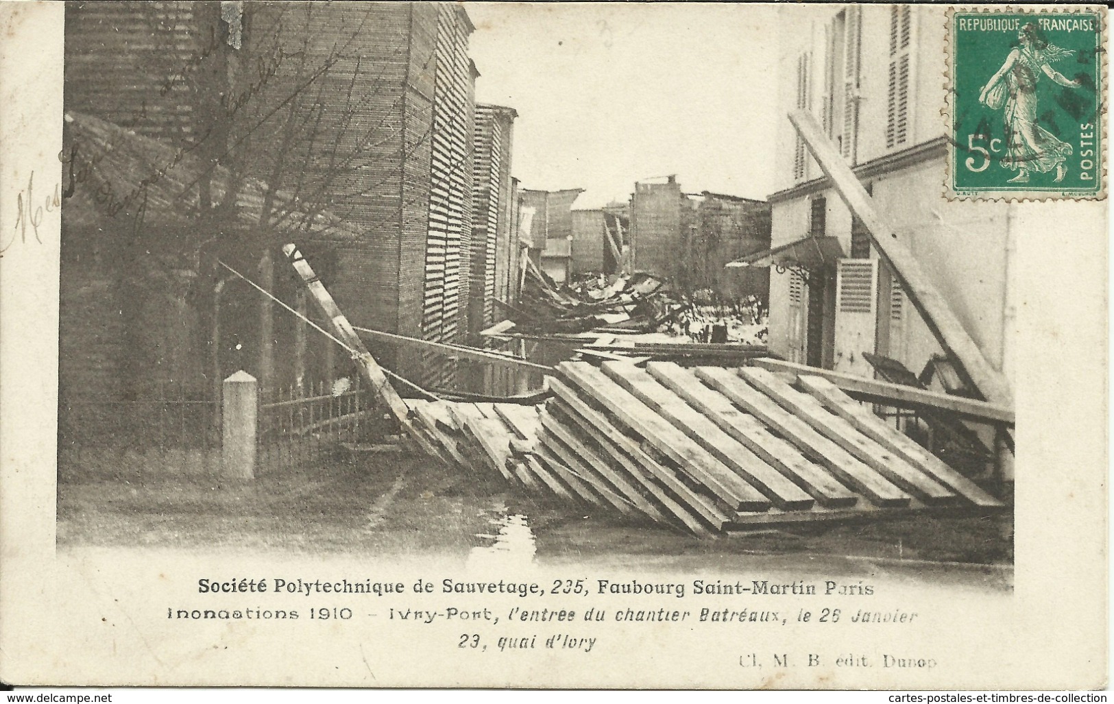 PARIS XIII , Inondations 1910 , L'entrée Du Chantier Batreaux , Le 26 Janvier Au 23 Quai D' Ivry , 1910 - Paris Flood, 1910