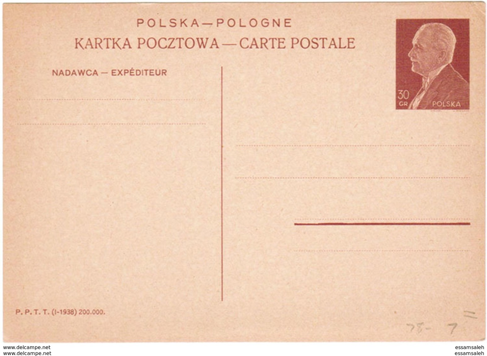 PLS23003 Poland 1938 Stationery Postcard 30GR President Ignacy Mościcki / Unused - Stamped Stationery