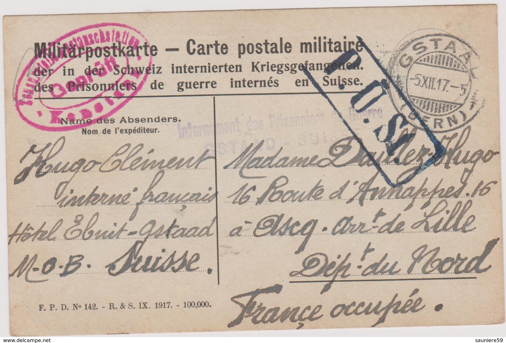 MILITARIA CAMP DE PRISONNIERS 1917 CACHETS OBLITERATIONS DIVERSES GSTAAD SUISSE   Pour ASCQ DEPT 59 Nord - Briefe U. Dokumente