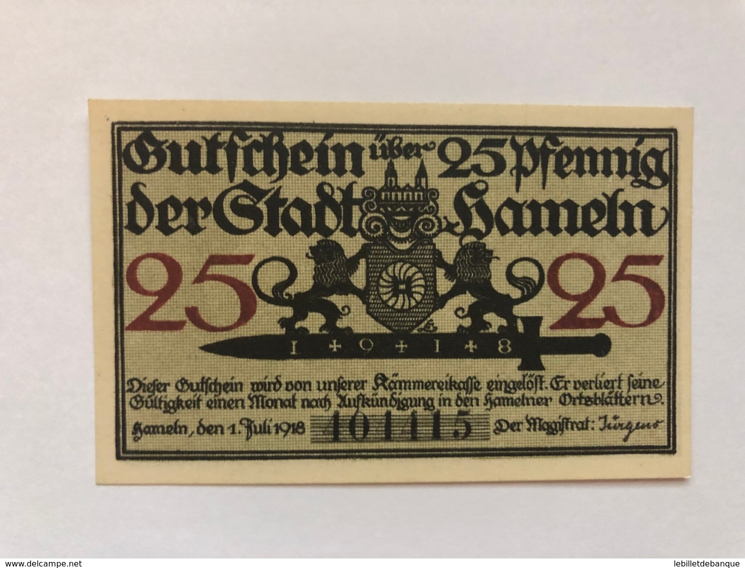 Allemagne Notgeld Hameln 25  Pfennig - Collections