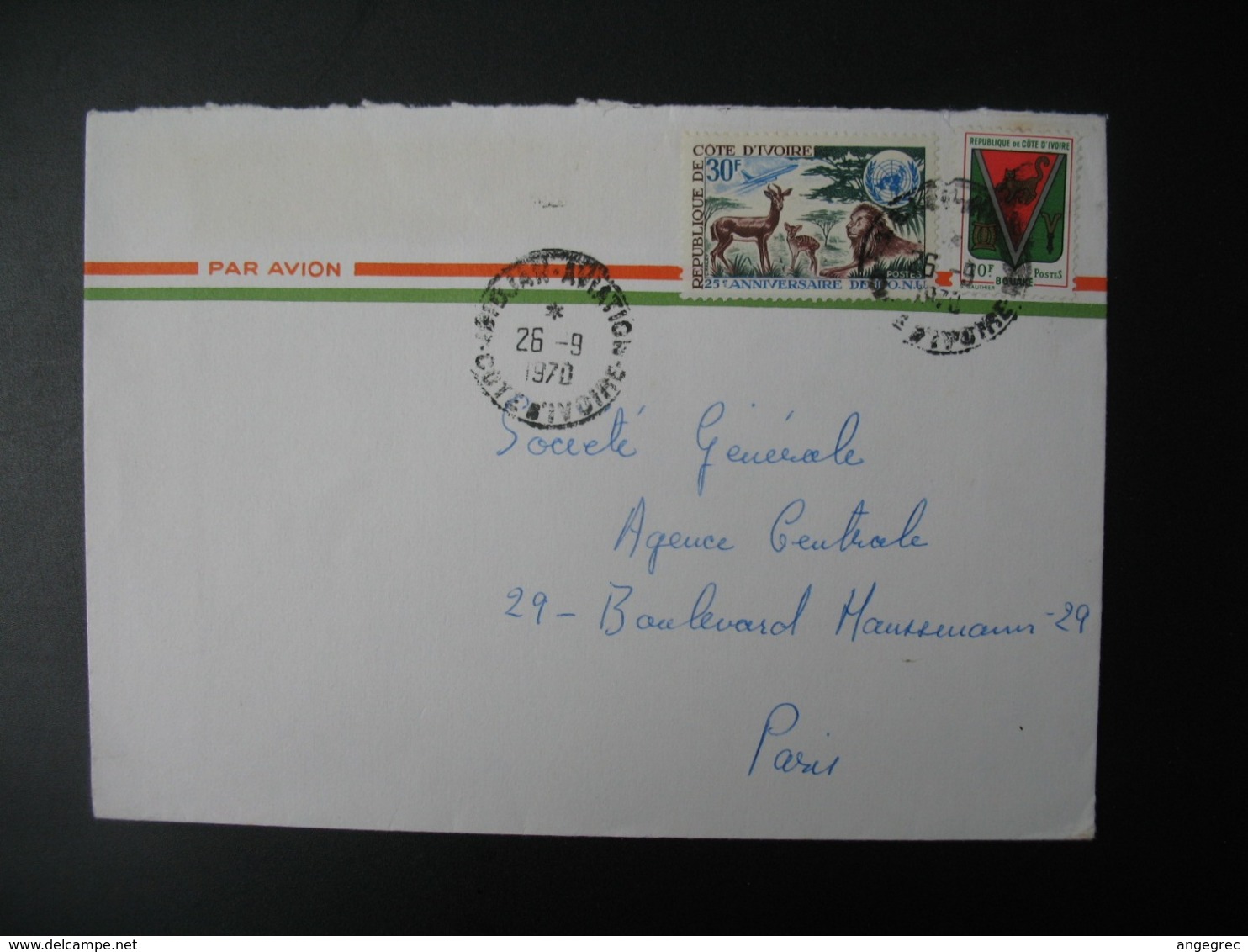 Lettre Thème Animaux  Biche Cerf Lion Faon Nature Montagne Côte D'Ivoire  Pour La Sté Générale France Bd Haussmann Paris - Côte D'Ivoire (1960-...)