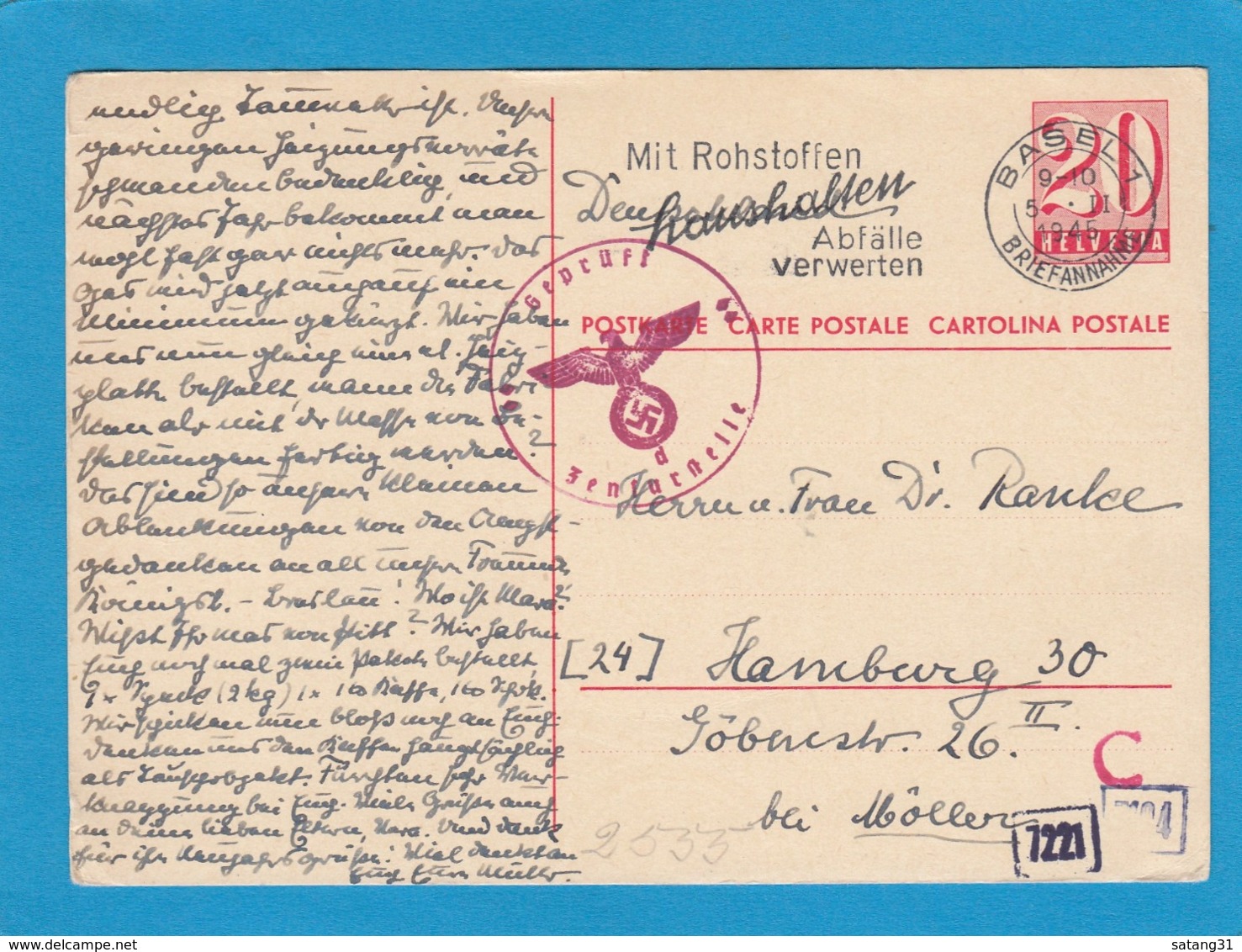 CARTE POSTALE AVEC CACHET DE CENSURE ALLEMAND. - Stamped Stationery