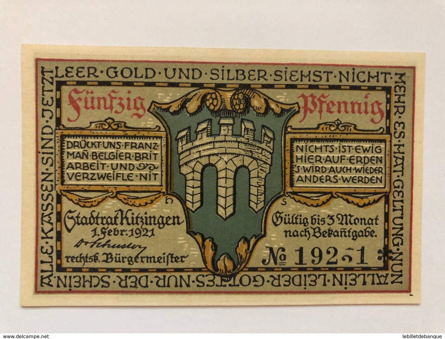 Allemagne Notgeld Kitzingen 50  Pfennig - Collections