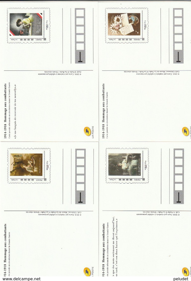 FRANCE. Carte Postal, Postcard, Pré-timbrée Pre-stamped - 2018 - 4 V., 1914-1918 Hommages Aux Combattants - Listos A Ser Enviados: Otros (1995-...)