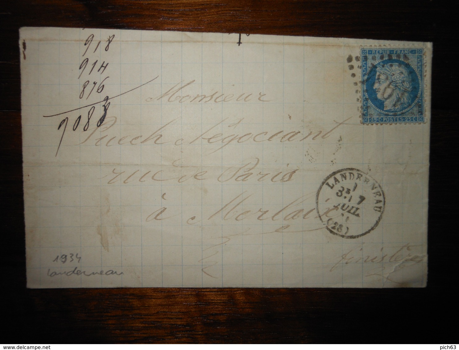 Lettre GC 1934 Landerneau Finistere Avec Correspondance - 1849-1876: Période Classique