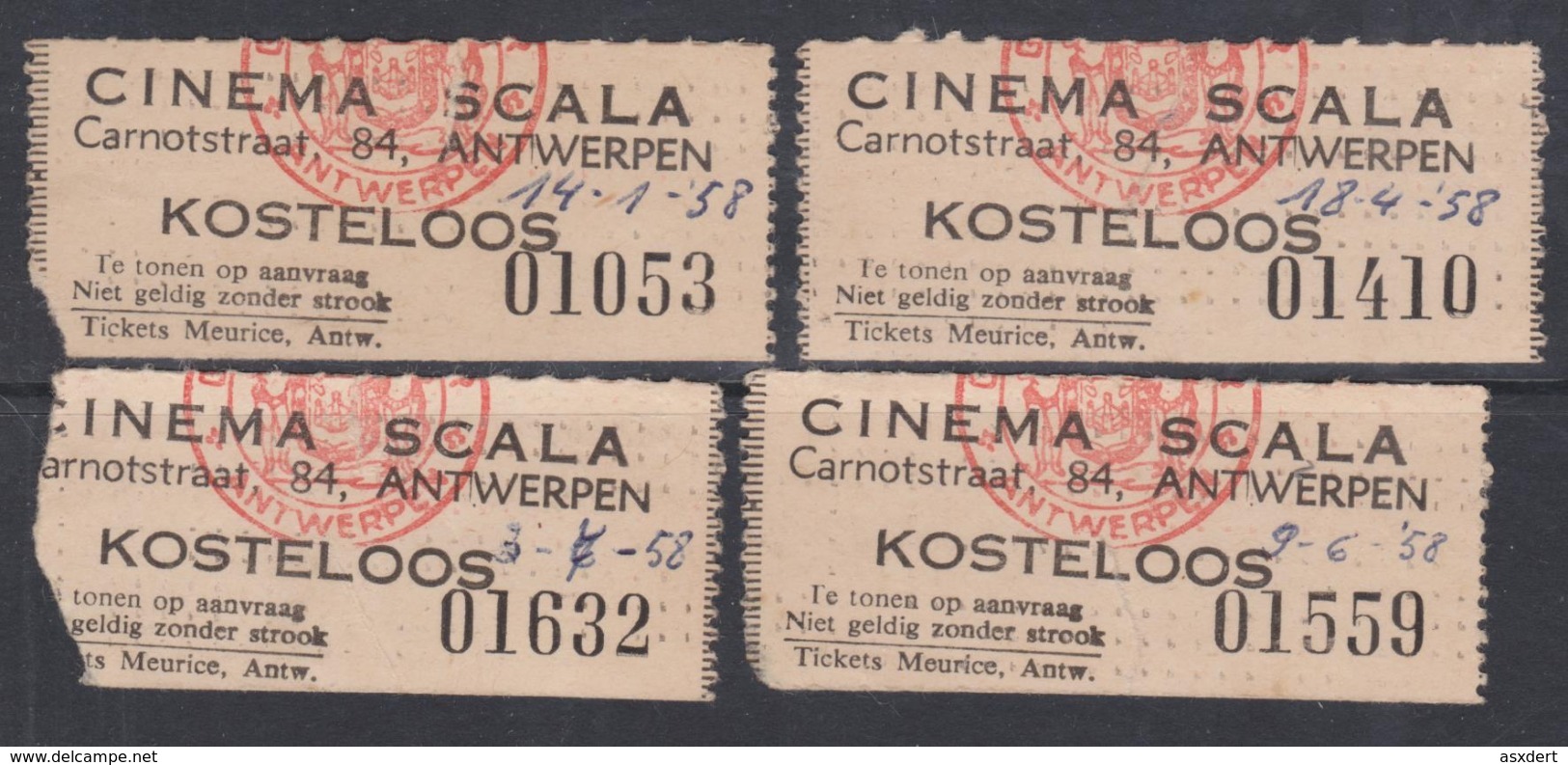 4 Cinema Ticketten, Scala 1958 Antwerpen / Verso: Uitleg Film - Tickets D'entrée