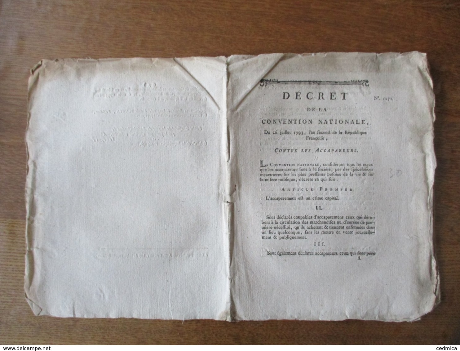 DECRET DE LA CONVENTION NATIONALE DU 26 JUILLET 1793 CONTRE LES ACCAPAREURS - Décrets & Lois