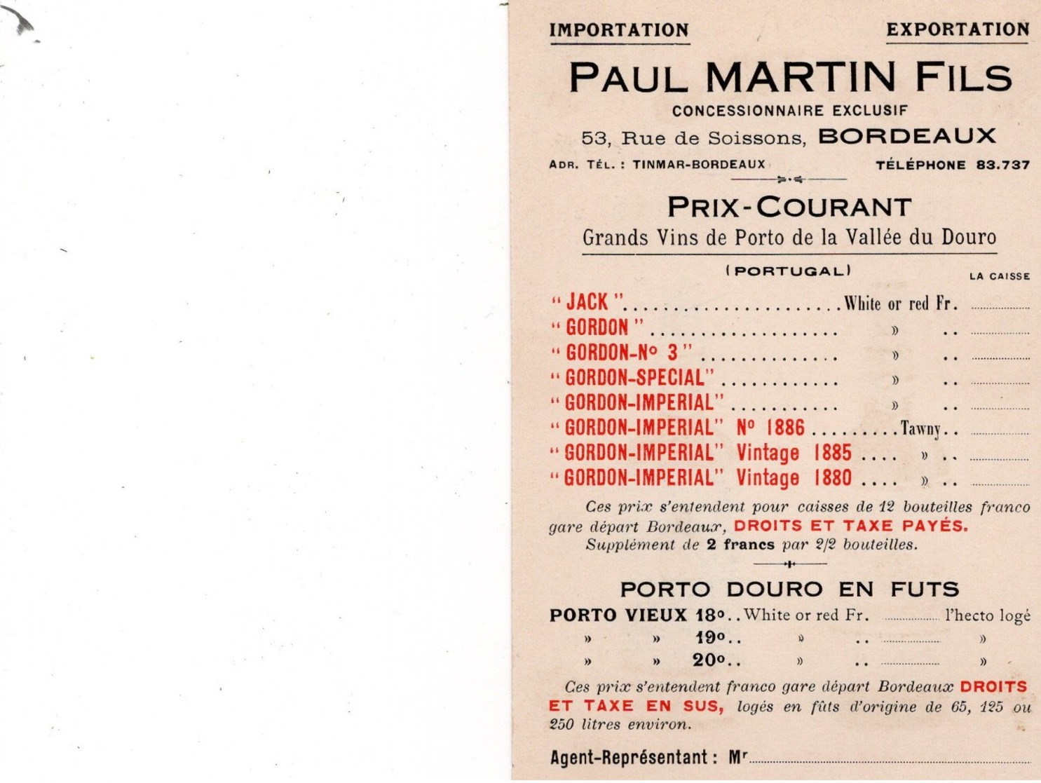 PORTO  De La Société Des Grands Vins De Liqueur D'Origine- Paul MARTIN Fils Concessionnaire Exclusif à BORDEAUX - Advertising