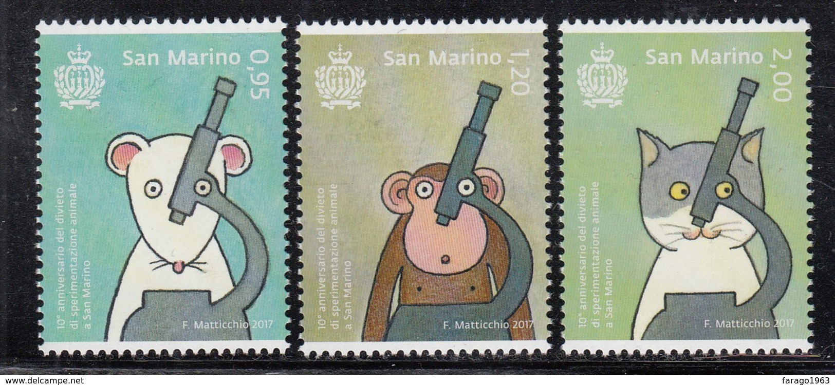 2017 San Marino End Of Animal Testing Science Monkeys Cats   Complete  Set Of 3 MNH  @ BELOW FACE VALUE - Ongebruikt