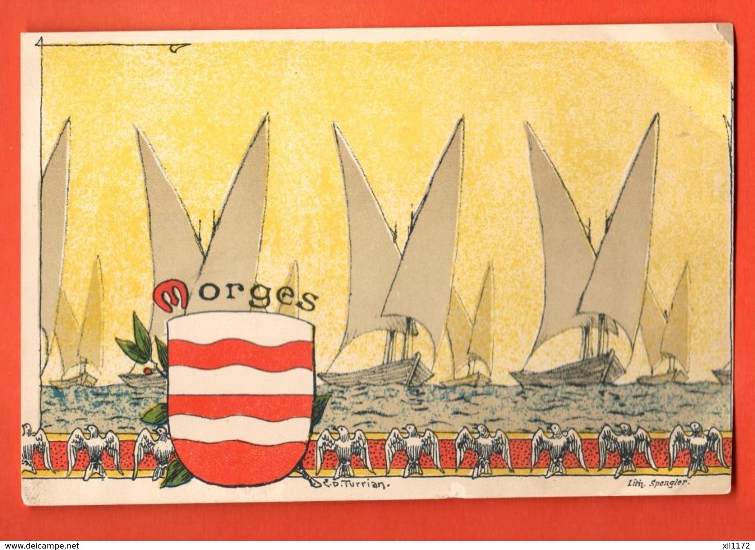 MTY-05 Morges, Litho De Turrian, Ecusson, Aigles Et Barques à Voiles.Carte Précurseur Circulé Sous Enveloppe En 1973 - Aigle