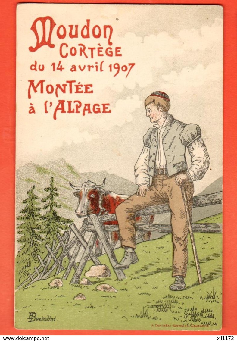 MTY-06 Moudon Cortège Du 14 Avril 1907, Montée à L'Alpage, Litho Bertolini, Armailli Et Vache. Non Circulé - Moudon