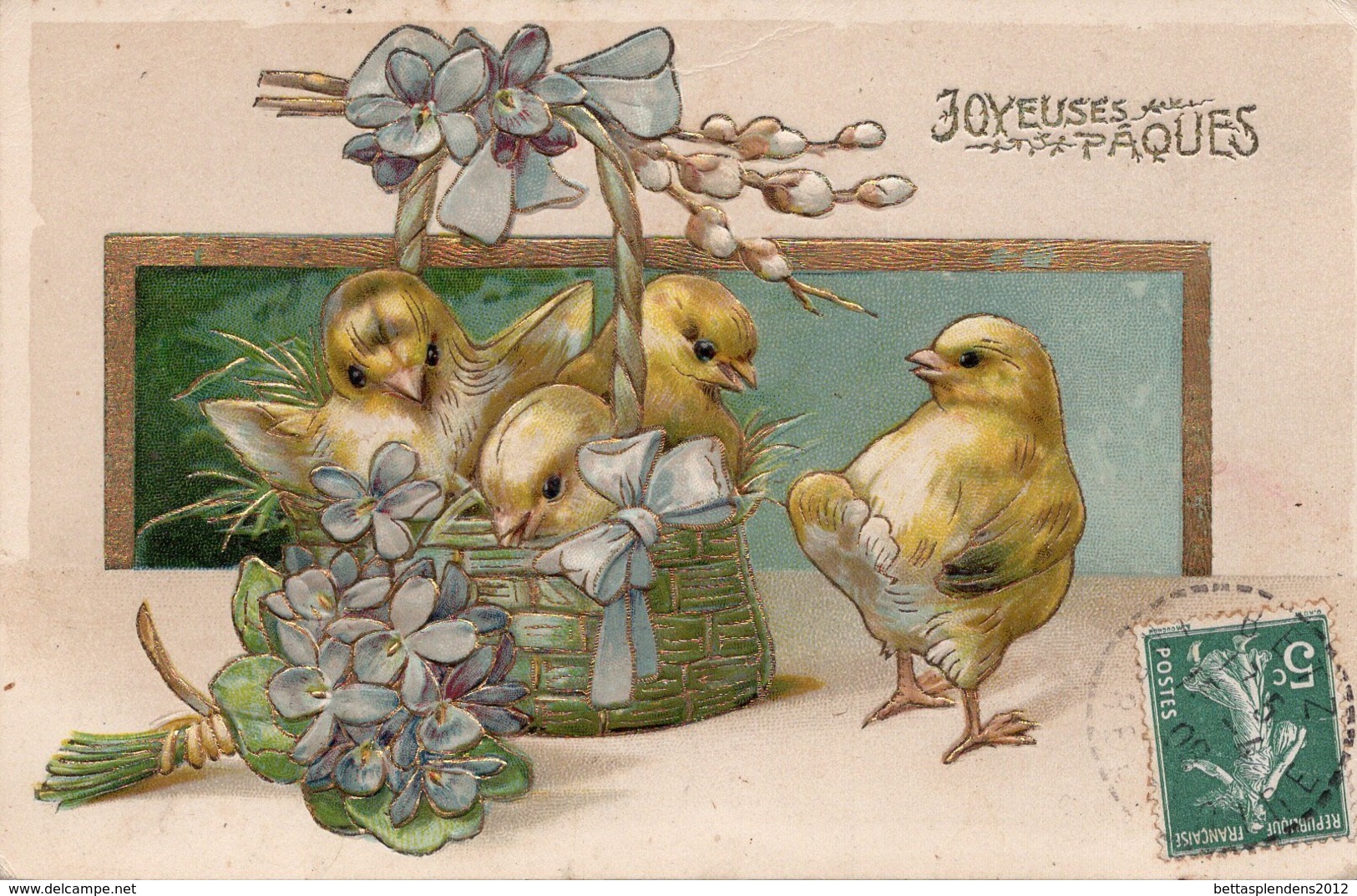 CPA Gauffrée  JOYEUSES PAQUES - Poussins , Bouquet De Fleurs Et Panier - Easter