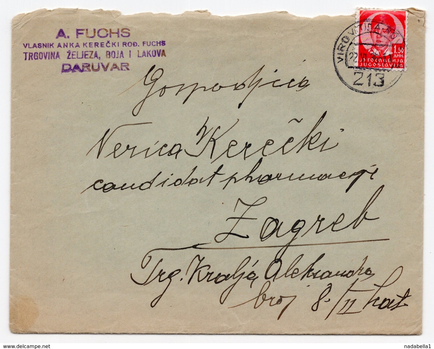 1936 YUGOSLAVIA, CROATIA, TPO 213 VIROVITICA-NOVSKA, A. FUCHS,DARUVAR, LETTERHEAD COVER SENT TO ZAGREB - Covers & Documents