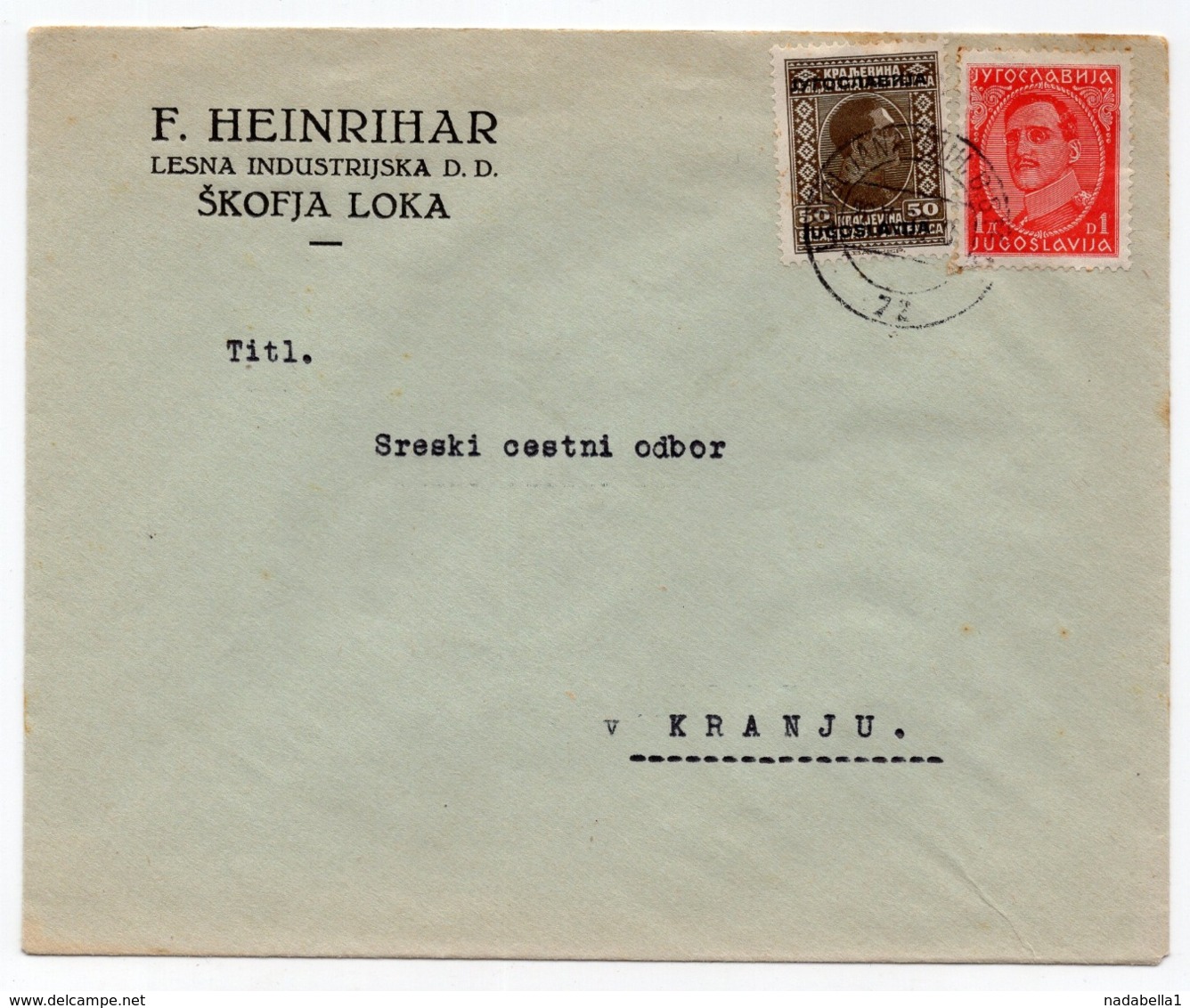 1926 YUGOSLAVIA, SLOVENIA, TPO 72  LJUBLJANA - BOH.BISTRICA, F. HEINRIHAR, ŠKOFJA LOKA, LETTERHEAD COVER - Covers & Documents