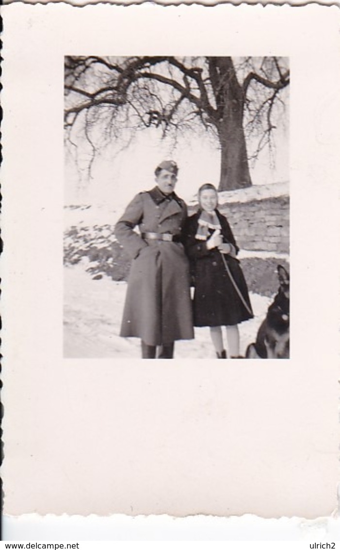 Foto Deutscher Soldat Mit Frau Und Schäferhund Im Winter -  2. WK - 5*4cm (44187) - Krieg, Militär