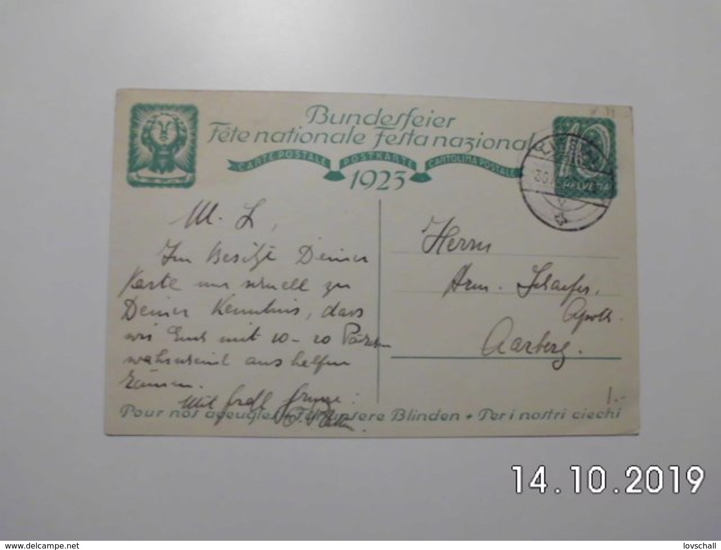 Bundesfeier-Postkarte. 1923. Stempel: Liestal. - BL.  (30 - 8 - 1923) - Liestal