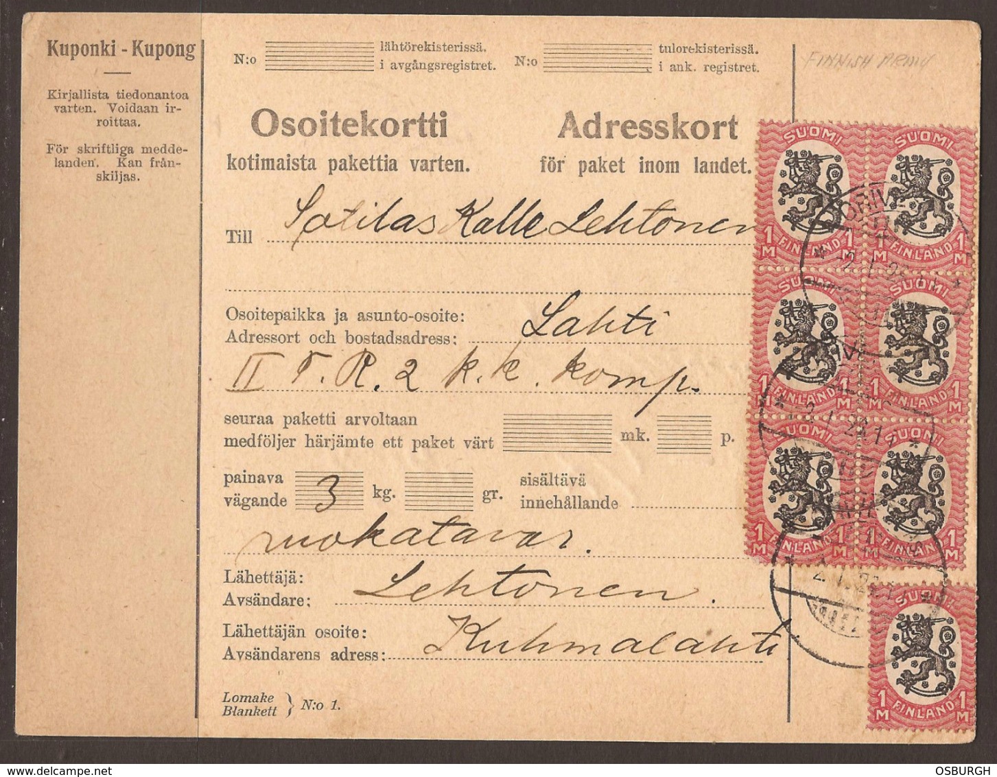 FINLAND. 1926. PARCEL CARD. ORIVESI TO LAHTI. 7x 1M. ARRIVAL ON REVERSE. - Brieven En Documenten