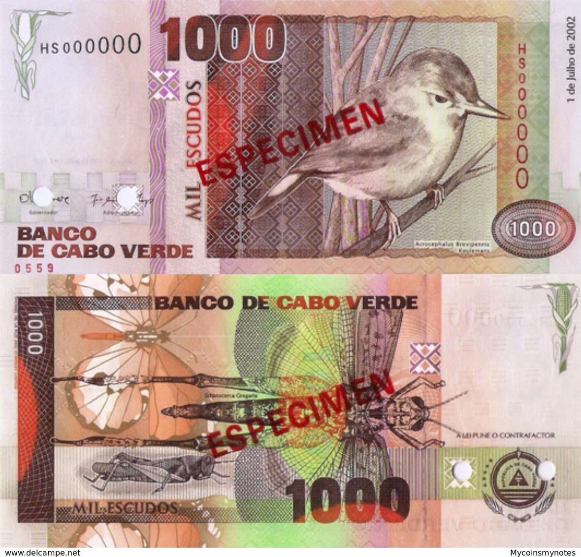 CAPE VERDE 1000 "SPECIMEN" Escudos From 2002, P65s, UNC - Specimen