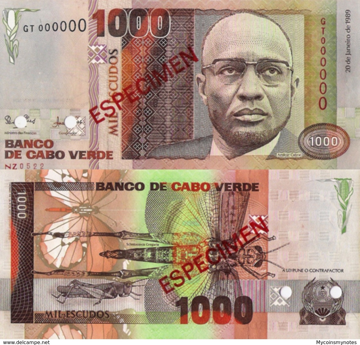 CAPE VERDE 1000 "SPECIMEN" Escudos From 1989, P60s, UNC - Specimen