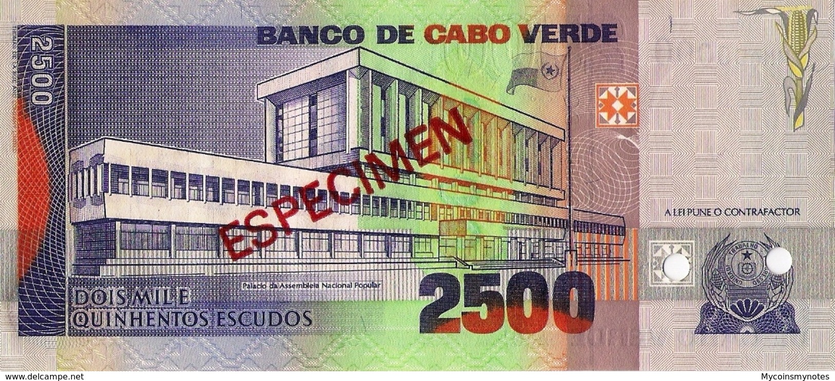 CAPE VERDE 2500 (SPECIMEN) Escudos From 1989, P61s, UNC - Fiktive & Specimen