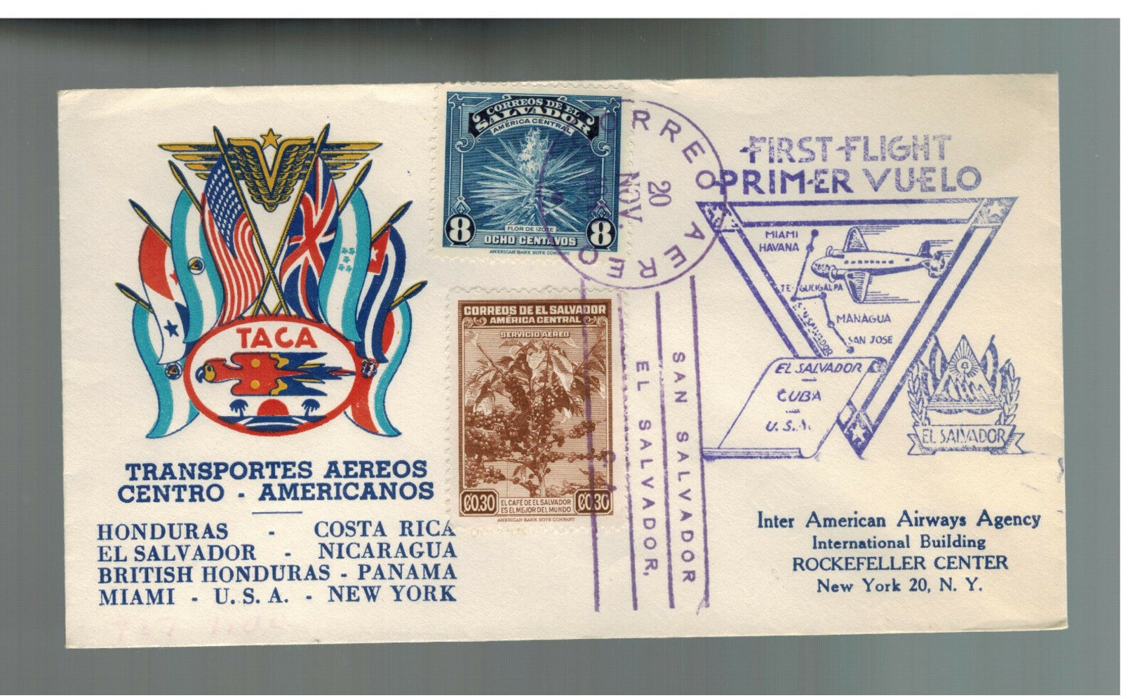 1943 El Salvador TACA Airlines First Flight Cover FFC To USA - America (Other)