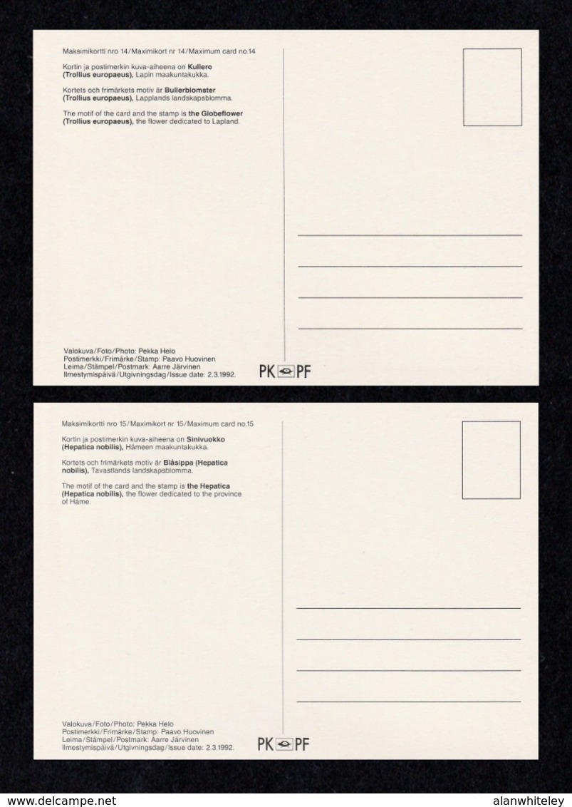 FINLAND 1992 Definitive/Globe Flower/Liverwort: Set Of 2 Maximum Cards CANCELLED - Maximum Cards & Covers