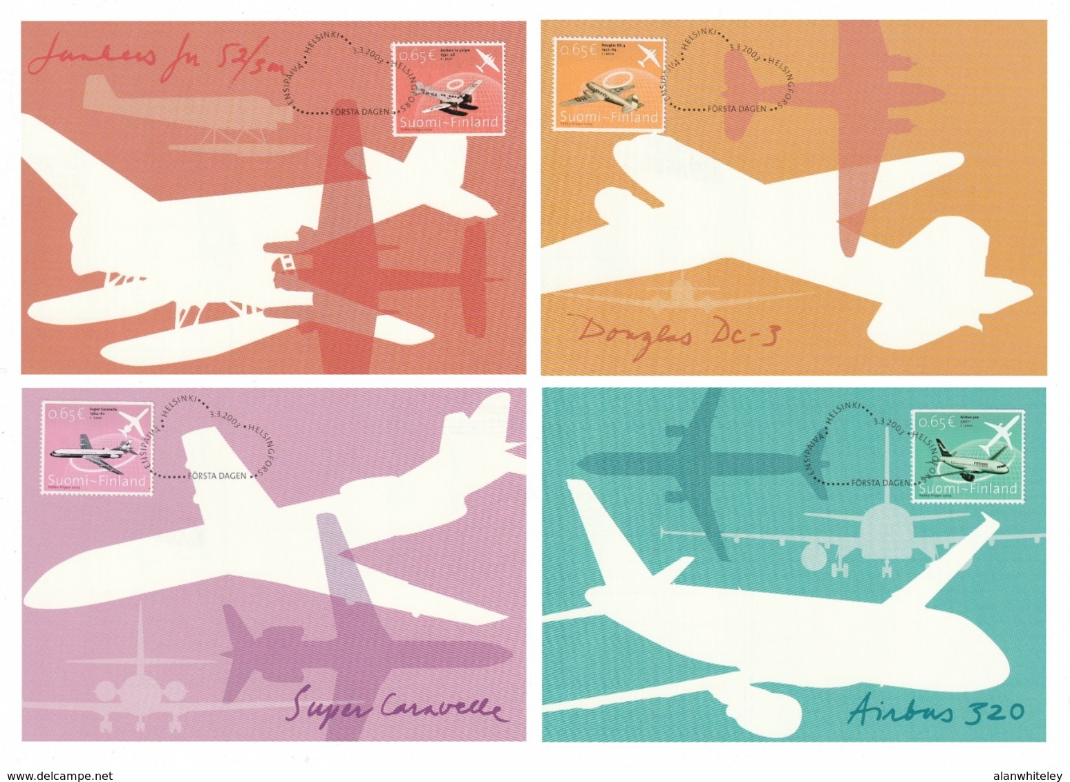 FINLAND 2003 Air Traffic History: Set Of 4 Maximum Cards CANCELLED - Maximum Cards & Covers