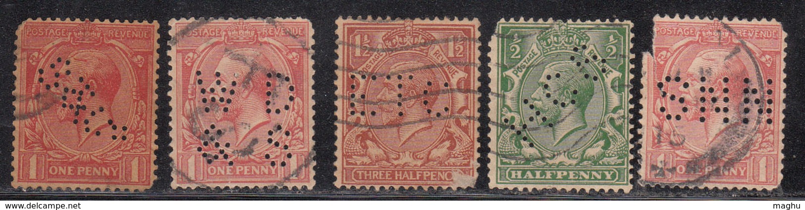 5 Diff Perfins / Perfin, KGV Series, Great Britain Used, - Perforiert/Gezähnt