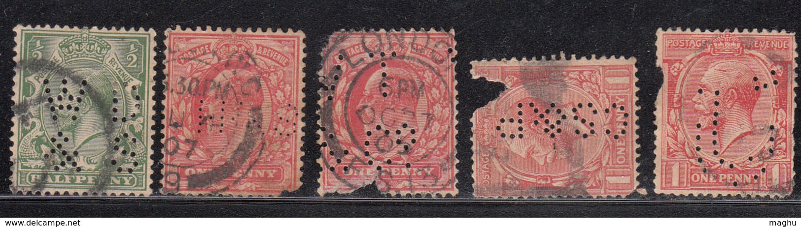 5 Diff Perfins / Perfin, KGV Series, Great Britain Used, - Perfins