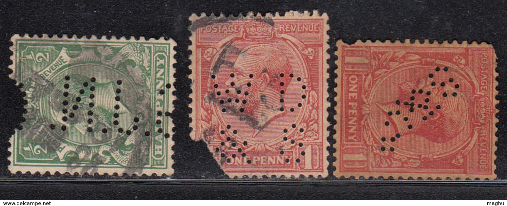 3 Diff Perfins / Perfin, KGV Series, Great Britain Used, - Perforadas