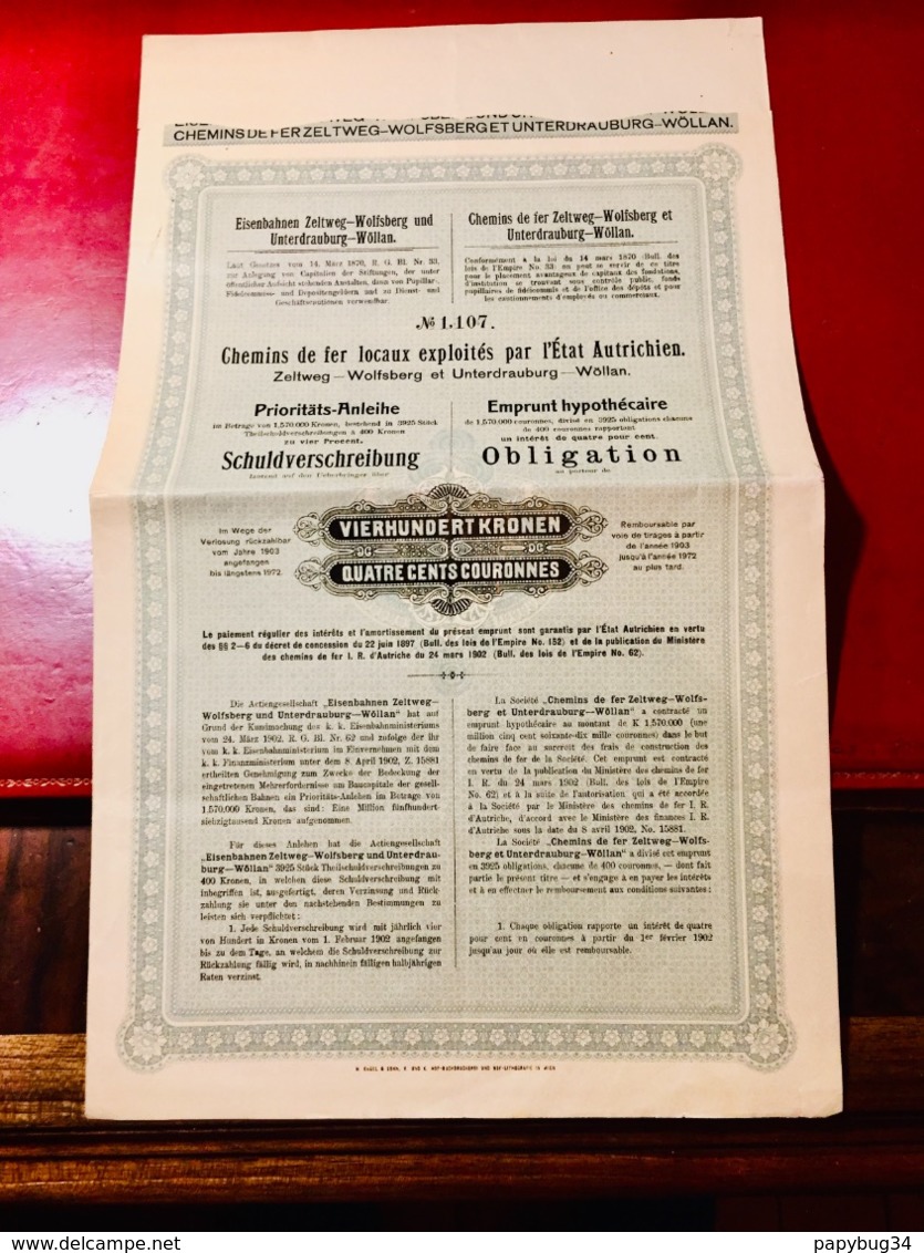 Chemins De Fer Locaux Exploités Par L' État Autrichien -------Obligation  De 400 Couronnes - Railway & Tramway