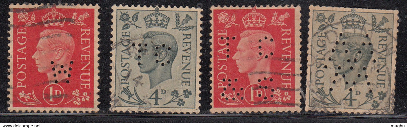 4 Diff Perfins / Perfin, KGVI Series, Great Britain Used, - Perforiert/Gezähnt