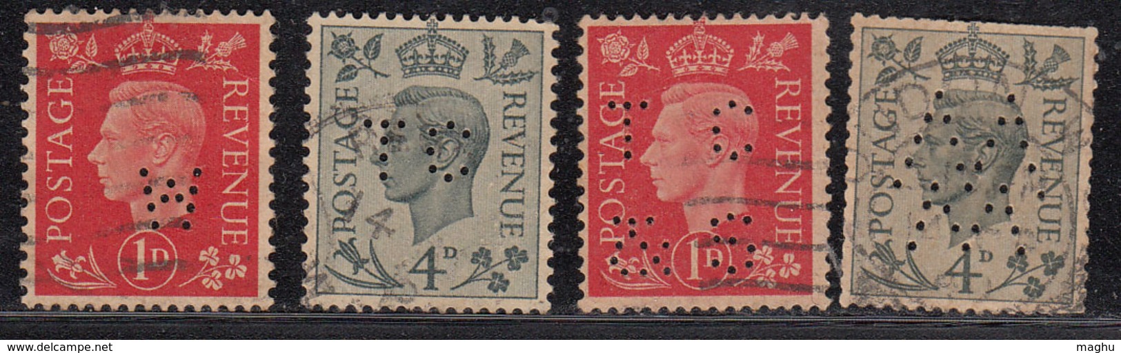 4 Diff Perfins / Perfin, KGVI Series, Great Britain Used, - Perfins