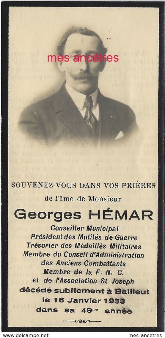 Faire-part De Décès 1933-Bailleul (59) Georges HEMAR-Conseiller Municipal -membre FNC-président Mutilés De Guerre - Todesanzeige