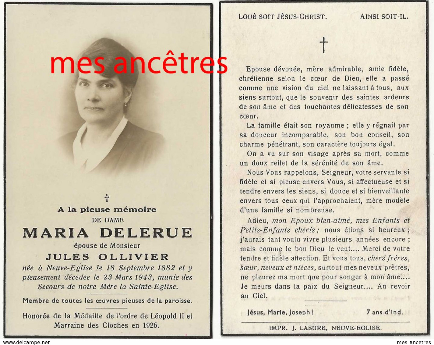 Faire-part De Décès 1943- Neuve-Eglise (59) Maria DELERUE Ep Jules OLLIVIER, Conseiller Municipal , Marraine Des Cloches - Obituary Notices