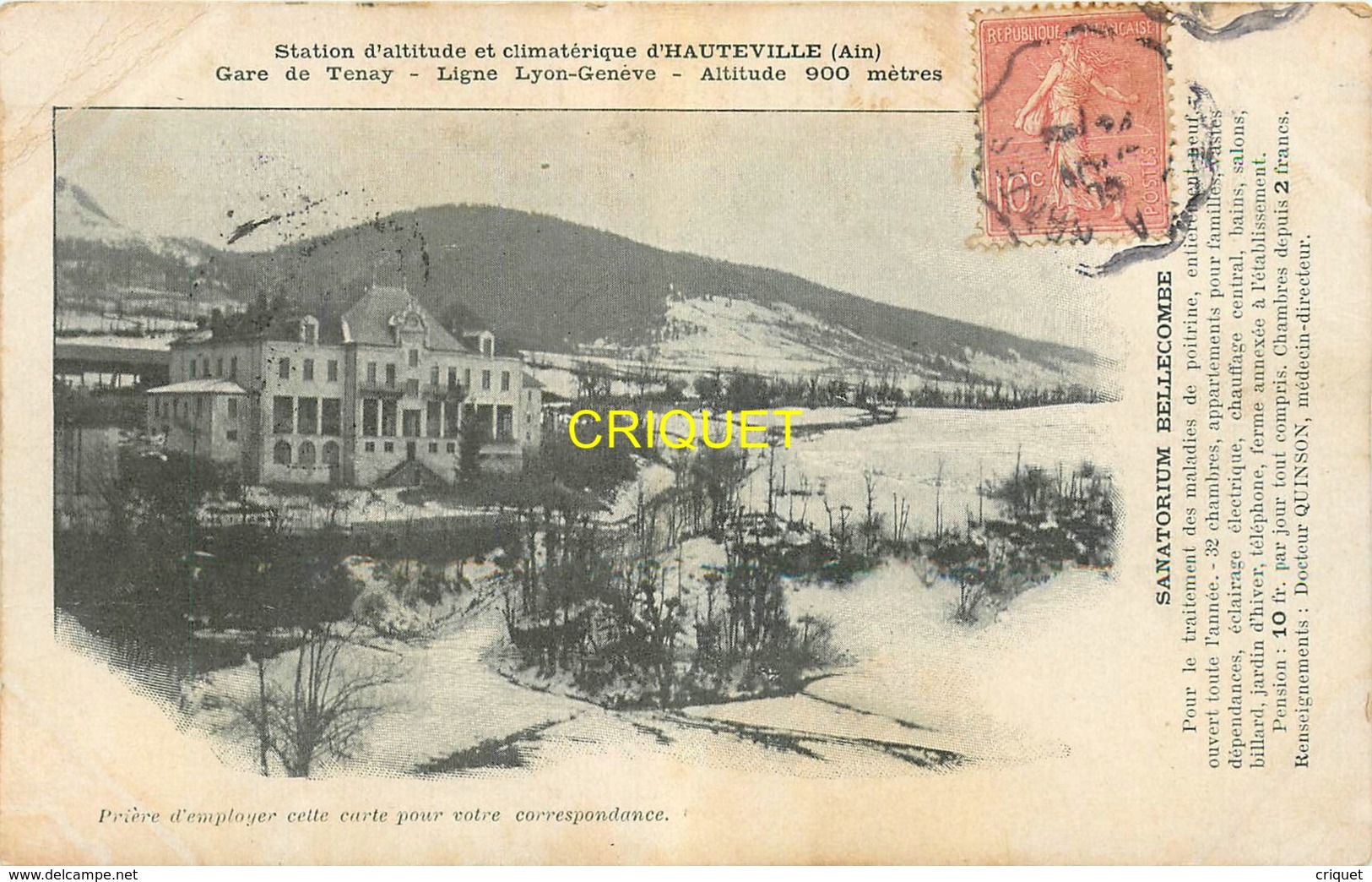 01 Hauteville, Gare De Tenay, Le Sanatorium Bellecombe, Affranchie 1905, Visuel Peu Courant - Hauteville-Lompnes