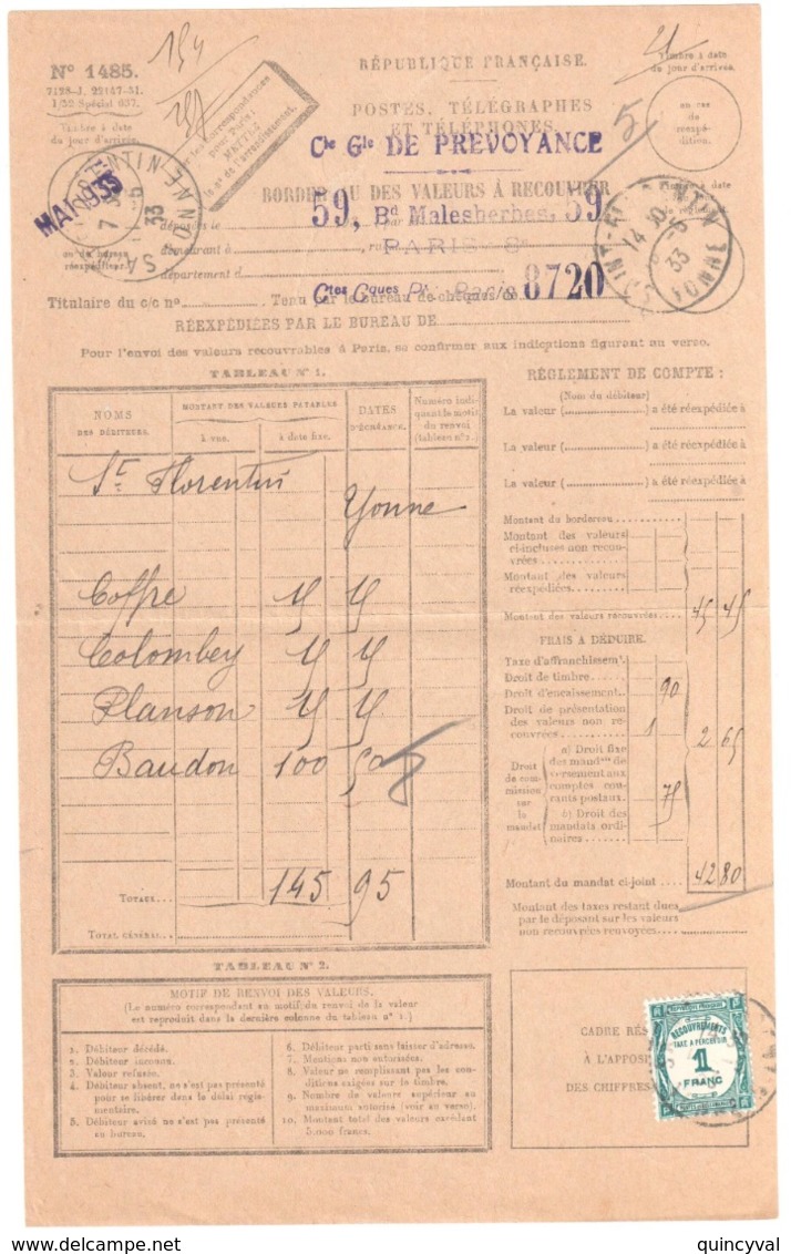 St FLORENTIN Yonne Bordereau Valeur Recouvrée 1485 Taxe à Percevoir Yv 60 1F Bleu Vert Formule Entière Ob 1934 Type 1904 - 1859-1959 Lettres & Documents