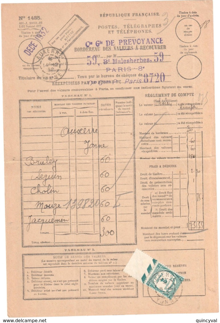 AUXERRE Yonne Bordereau Valeur Recouvrée 1485 Taxe à Percevoir Yv 60 1F Bleu Vert Formule Entière Ob 1932 Type 84 - 1859-1959 Brieven & Documenten