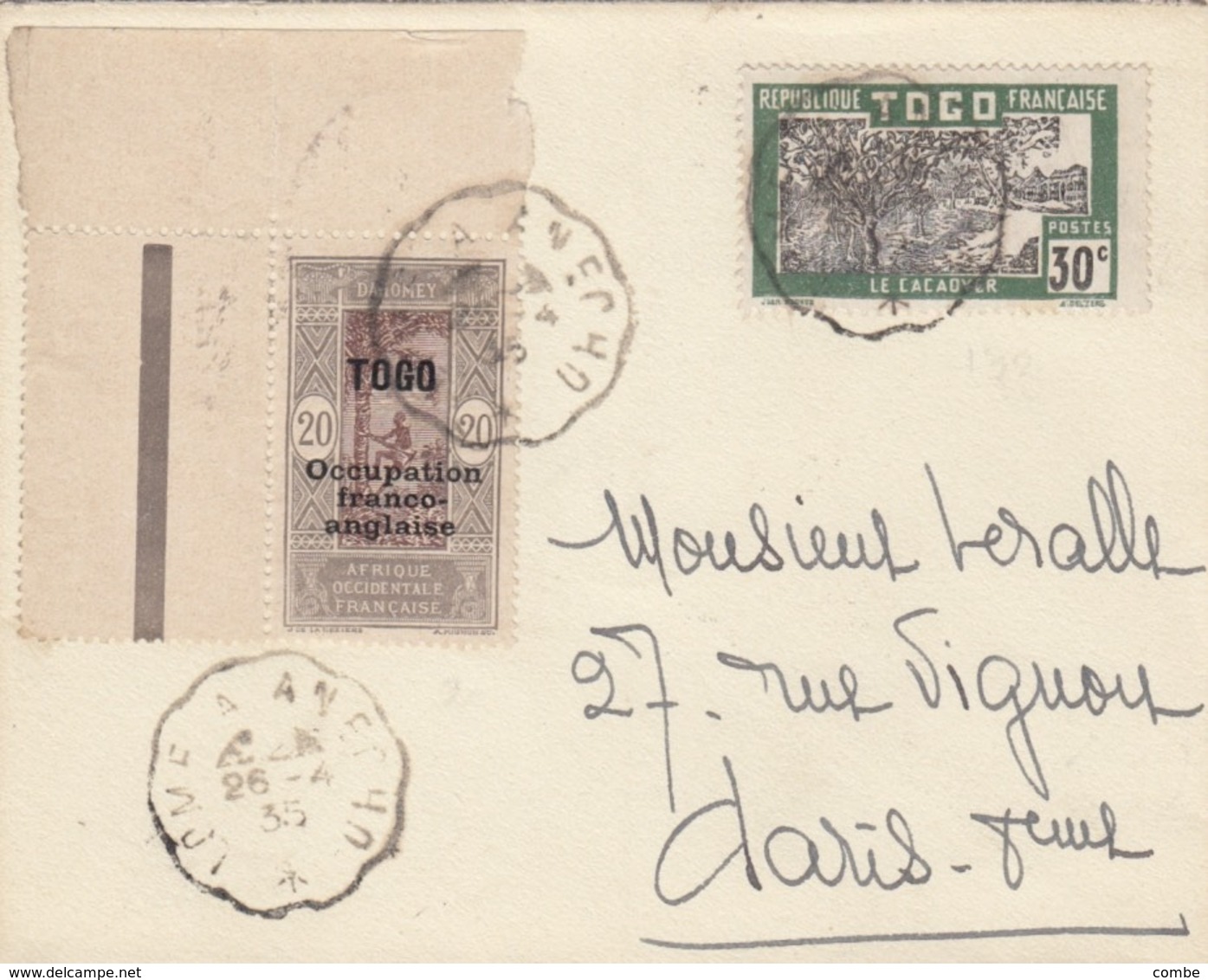 LETTRE TOGO. 26 4 35. AMBULANT LOME A ANECHO. N° 90 ET 144 POUR PARIS - Lettres & Documents