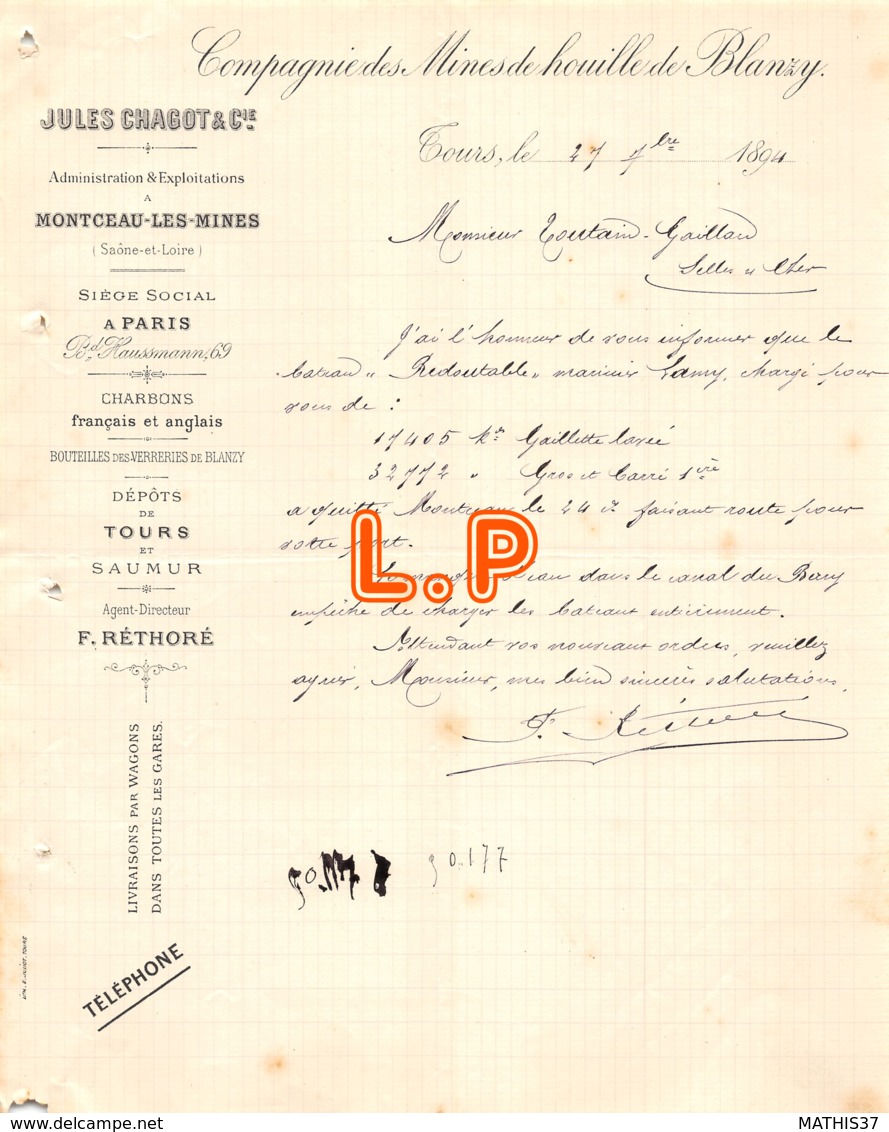 40-0146    1894 COMPAGNIE DES MINES DE HOUILLE DE BLANZY JULES CHAGOT A TOURS - M. TOUTAIN GAILLARD A SELLES SUR CHER - 1800 – 1899