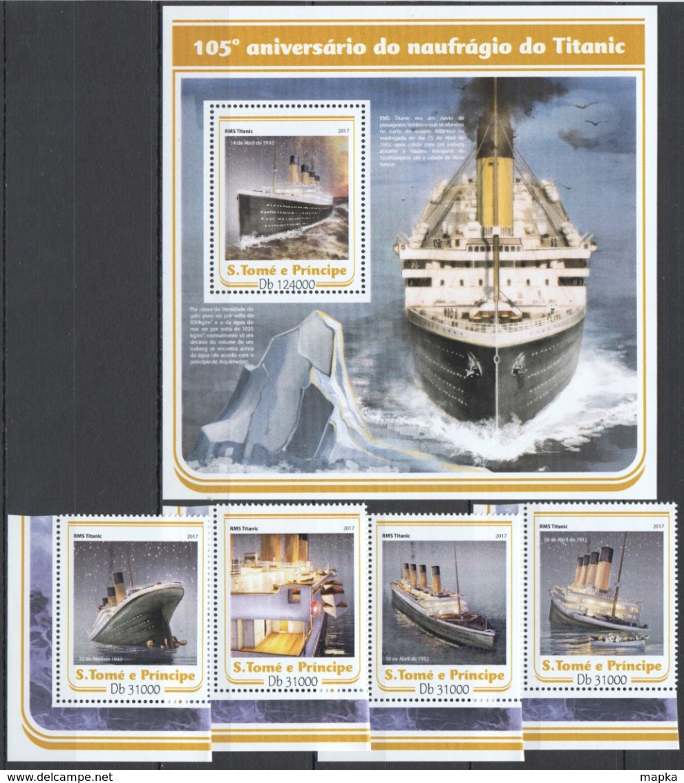 QQ916 2017 SAO TOME & PRINCIPE TRANSPORT SHIPS ANNIVERSARY TITANIC SET+BL MNH - Barcos