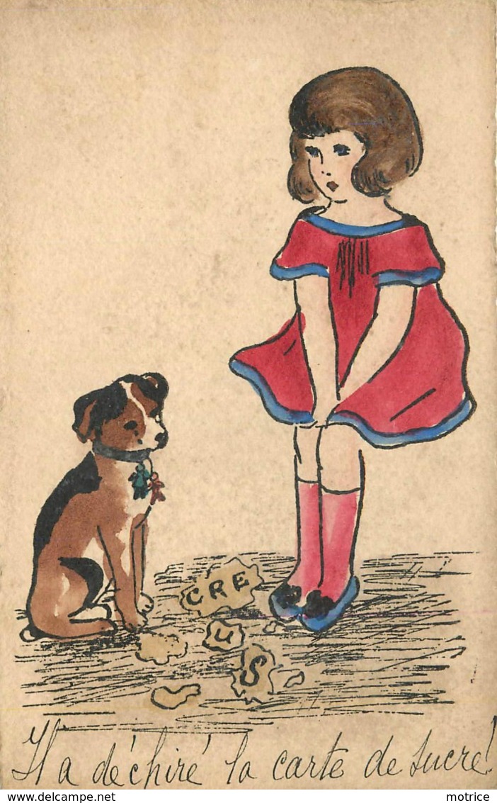 PETITE FILLE ET SON CHIEN - Il A Déchiré La Carte De Sucre.(carte Peinte) - Scènes & Paysages