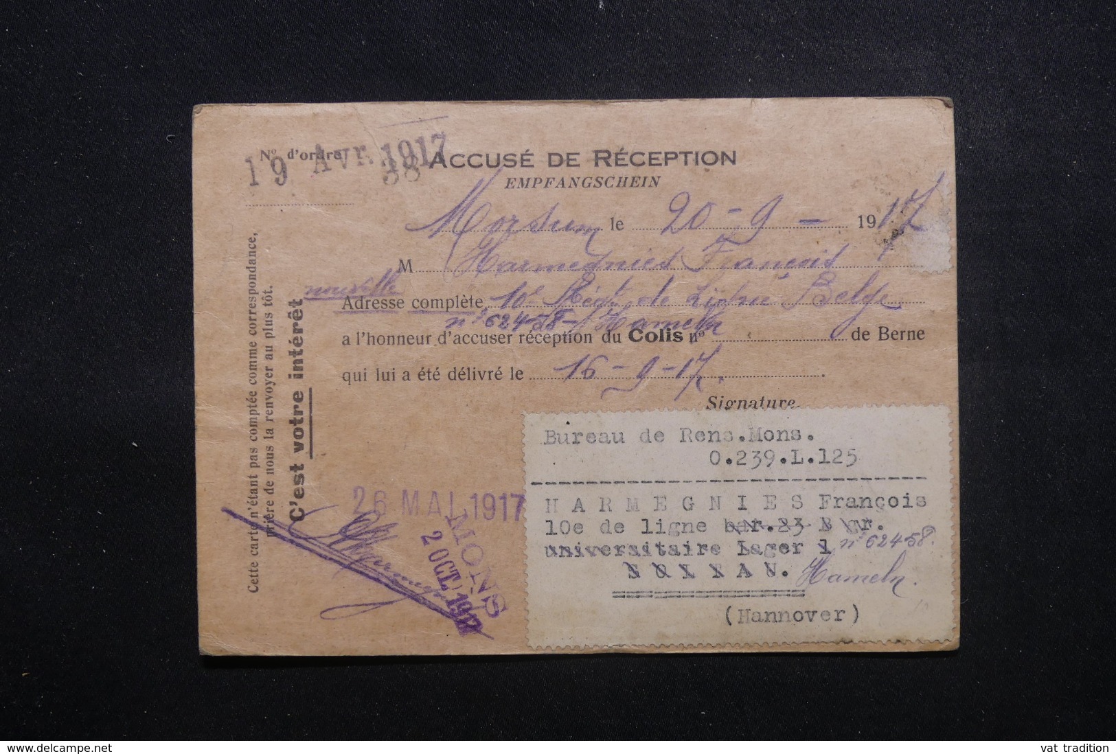 BELGIQUE - Enveloppe Du Bureau De Renseignements De Mons En 1917,  à Voir - L 44007 - Prisonniers